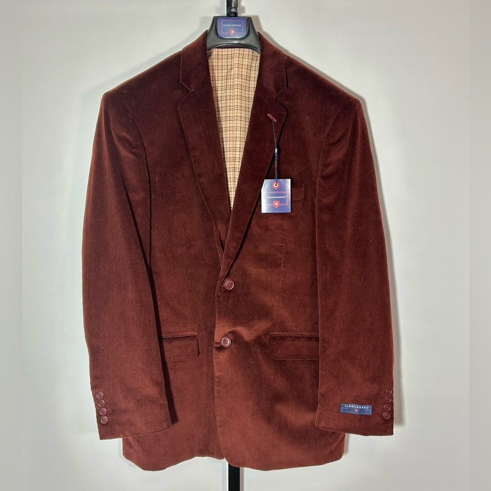 Saddlebred Men 40R Brown, Plaid Lining Fake Pockets Corduroy Blazer Sport Coat